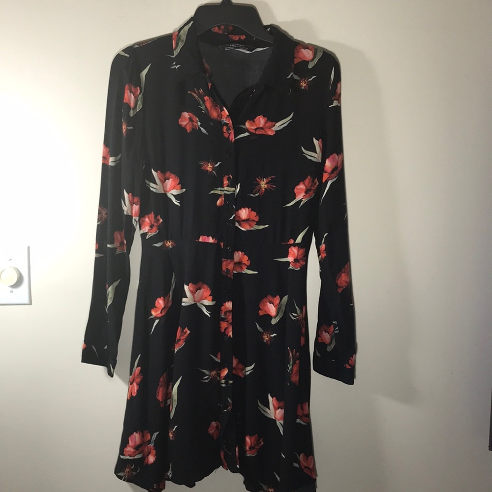 Zara floral dress long sleeve black red dress S